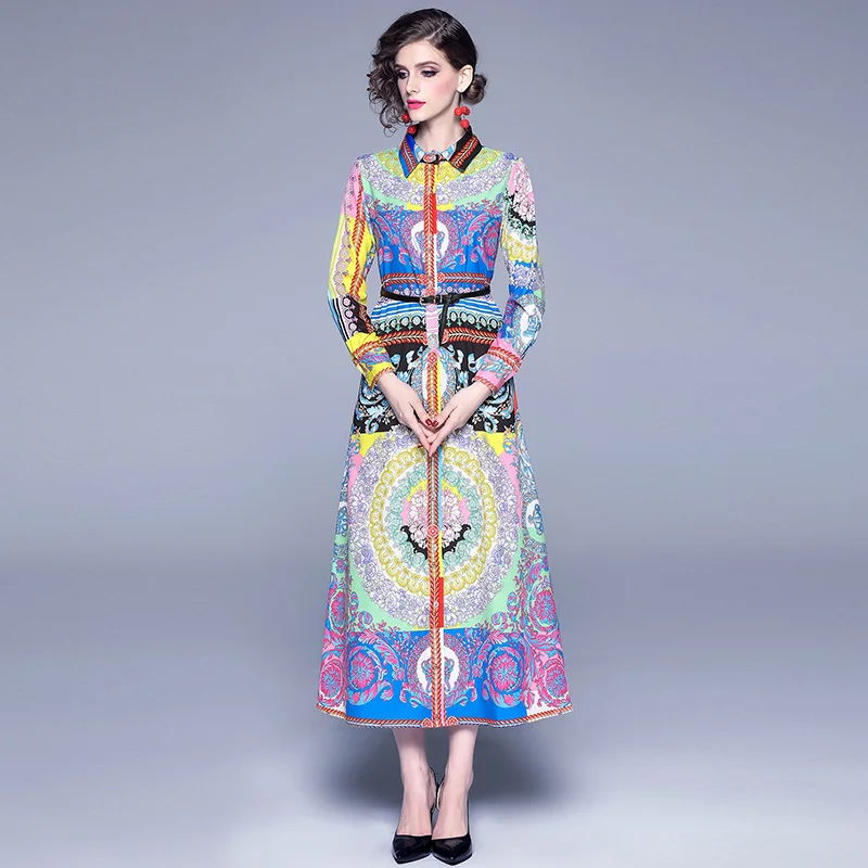 

Designer Dresses Runway 2019 Autumn Casual Button Down Shirt Dress Women Vintage Multicolor Flower Mixed Printed Dress With Belt