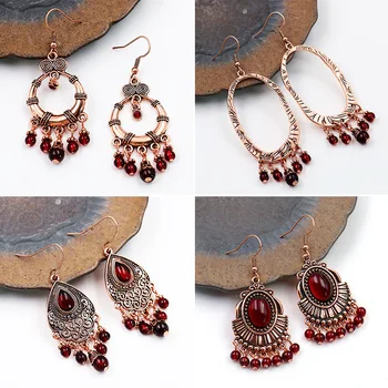 

Ethnic Vintage Earrings Temperament Antique Copper Natural Garnet Dangle Earrings For Women Accessories