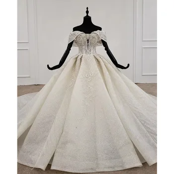 شراءBGW HT4726 2020 فستان الزفاف قبالة الكتف زين كريستال الخرز الفاخرة الدانتيل يصل الظهر قصيرة الأكمام ثوب زفاف رداء دي ماري