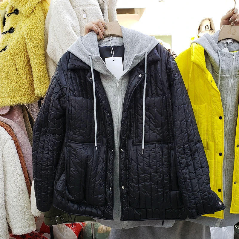 European Autumn Winter New Loose-fitting Parka Coat Hoodie Stitching Fake Two-piece Hooded Down Cotton Jacket Woman Outwear