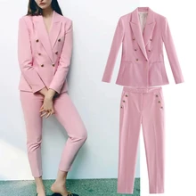 

Withered Enlgand Style Fashion Simple Candy Color Double Breasted Buttons Casual Blazer Women Jackets High Waist Suit Pants Sets