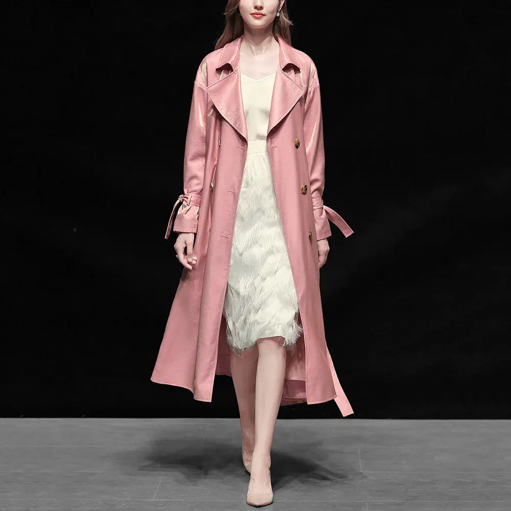 Новинка года, модное длинное пальто розового цвета для работы с поясом и длинными рукавами, офисное Элегантное Длинное Пальто-ветровка для женщин - Цвет: Розовый