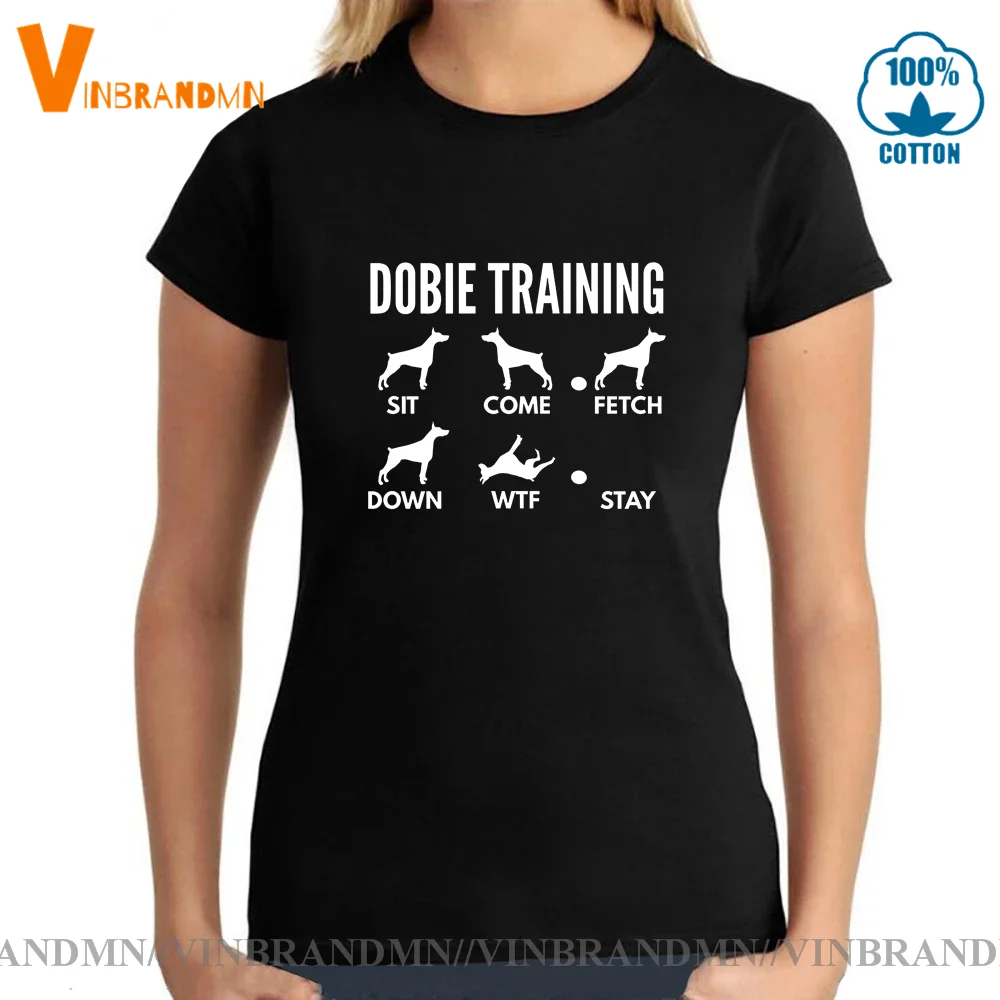 

Humor Doberman Pinscher Tricks T-shirt Cute Pet Dog Animal Printed Graphic Tee shirt Funny Dobie Training Women's T-shirt