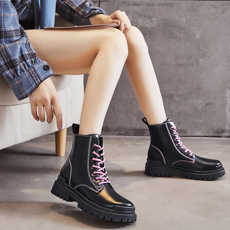 

New Botas Women Motorcycle Ankle Boots Wedges Female Lace Up Platforms Spring Black Leather Oxford Shoes Woman Botas Mujer
