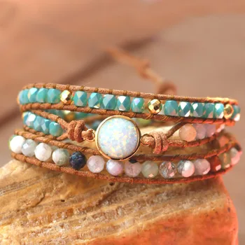 

Top Quality Women Bracelets Natural Opal Stone Rhinestone 3 Rows Leather Wrap Bracelet Fancy Femme Boho Bracelets for woman Gift