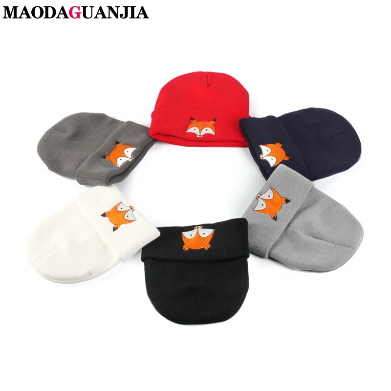 

Fashion Autumn Winter Outdoor Crochet Women Skullies Hat Fox Embroidery Print Head Cap Lady Knitted Warm Cap Women Beanies Cap