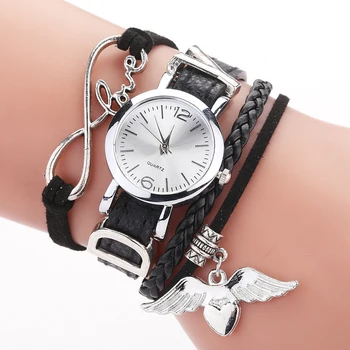 

Leather Band Bracelet Watch Wing Love Pendant Multilayer High-quality Quartz Women Circular Dial Wristwatch Jewelry Gift