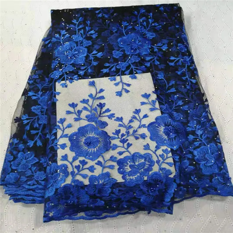

2020Newest 3D Flower African Net Lace Fabric With Beads Classic Nigerian French Mesh Lace Fabric For Wedding Sewing Royal Blue