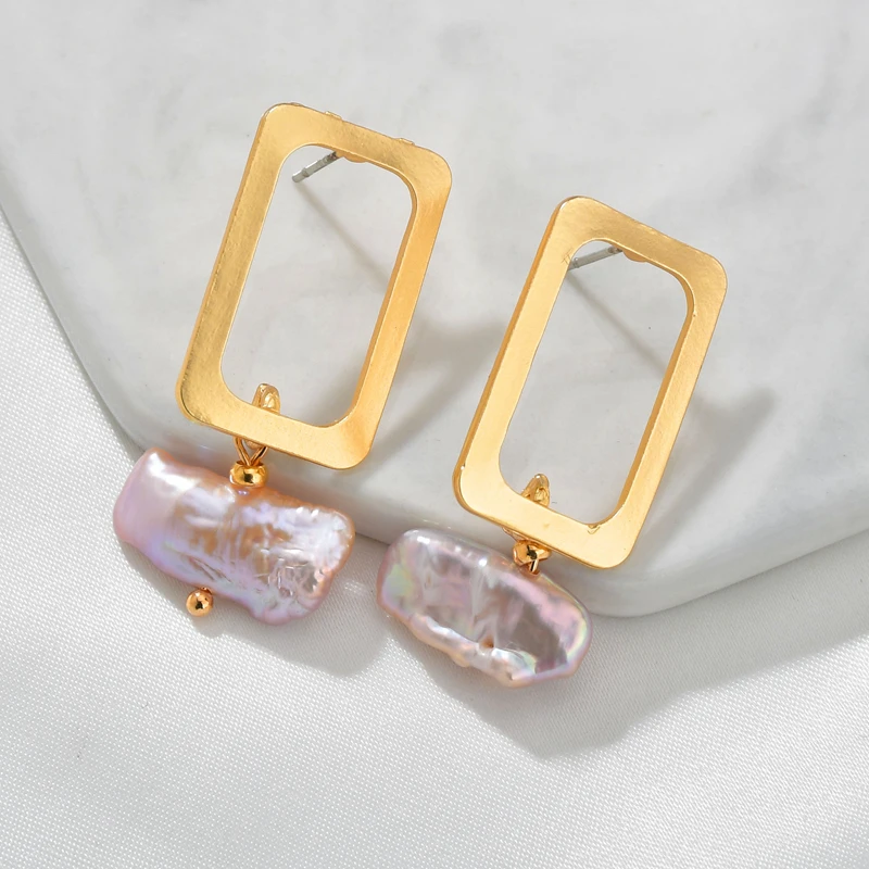 

New 316L Stainless Steel Hooks Geometric Shaped Dangle Earrings Female Baroque Natural Freshwater Pearls Drop Earrings For Women