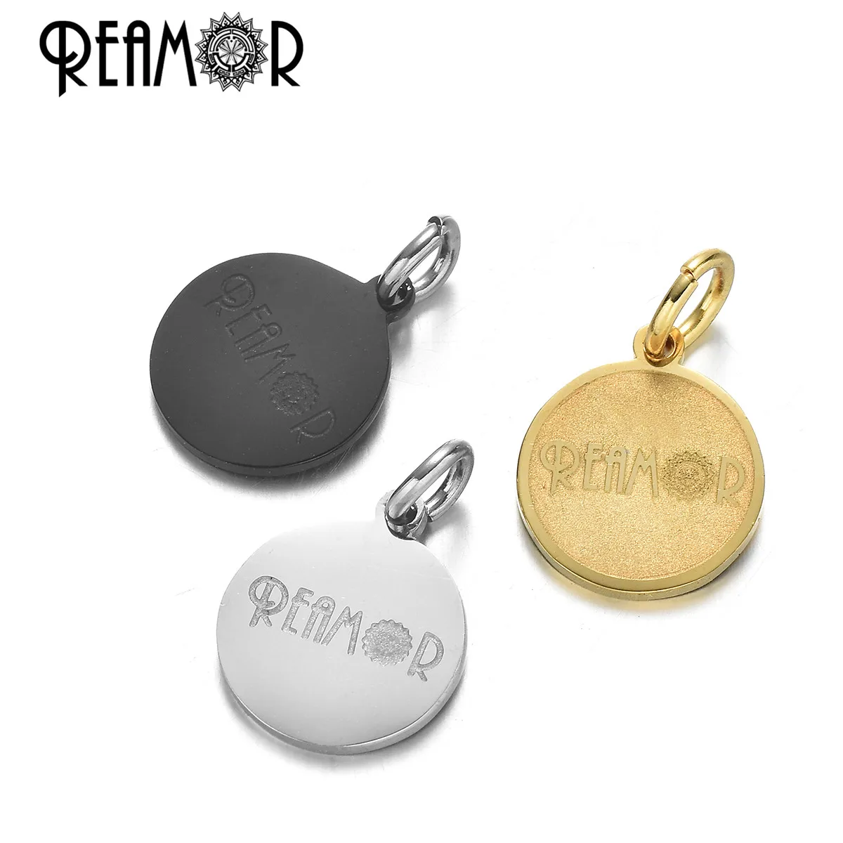 

REAMOR Brand Customized Carved 316L Stainless Steel Double Sided Design Tags Dangle Charms for DIY Bracelets Jewelry Findings