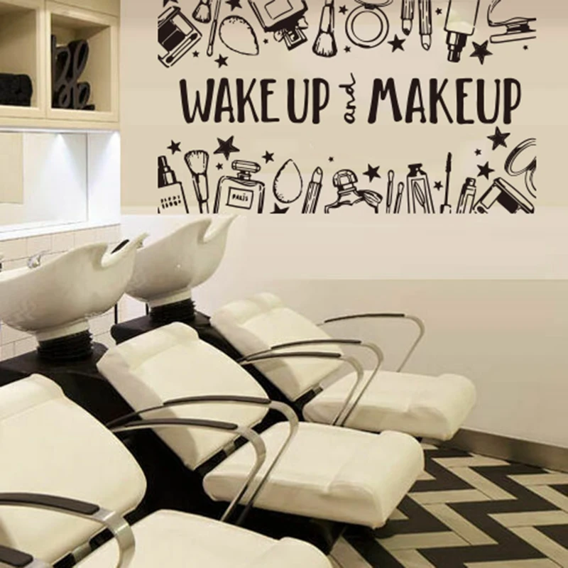 Large Wake Up And Makeup Beauty Salon Products Wall Sticker Manicure Hairstyle Make Up Wall Decal Spa Salon Vinyl Decor (2)