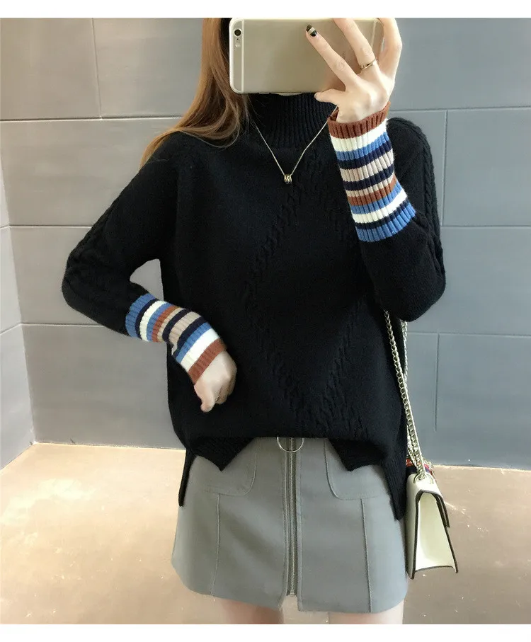 Neploe осенний вязаный свитер женская одежда мода Длинные рукава полосатые пуловеры зима тонкий низ трикотаж 53809 - Цвет: Черный