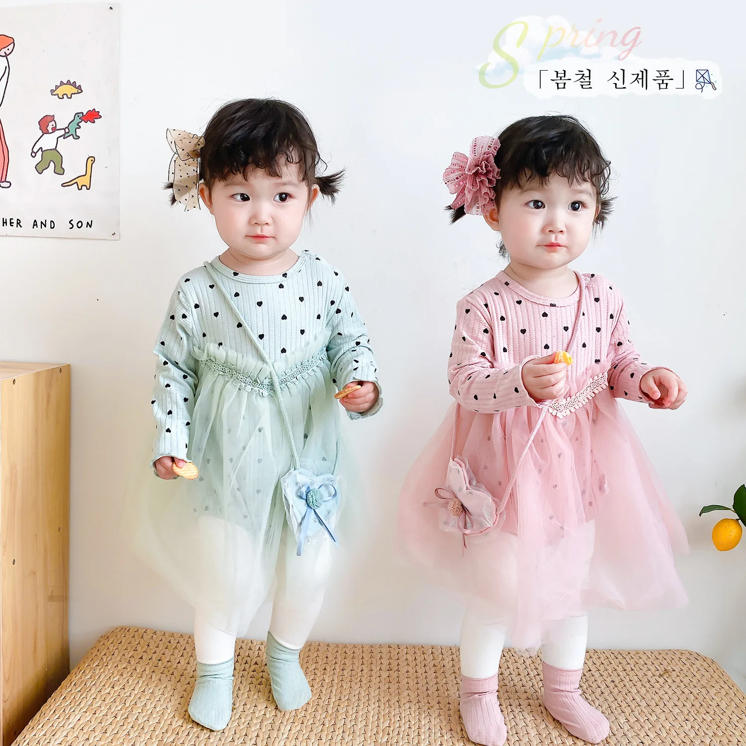 

Enzo 2020 Spring New Products Circular Dots Baby Girls Heart Mesh Dress Romper Set Western Style Princess Skirt Send Bag