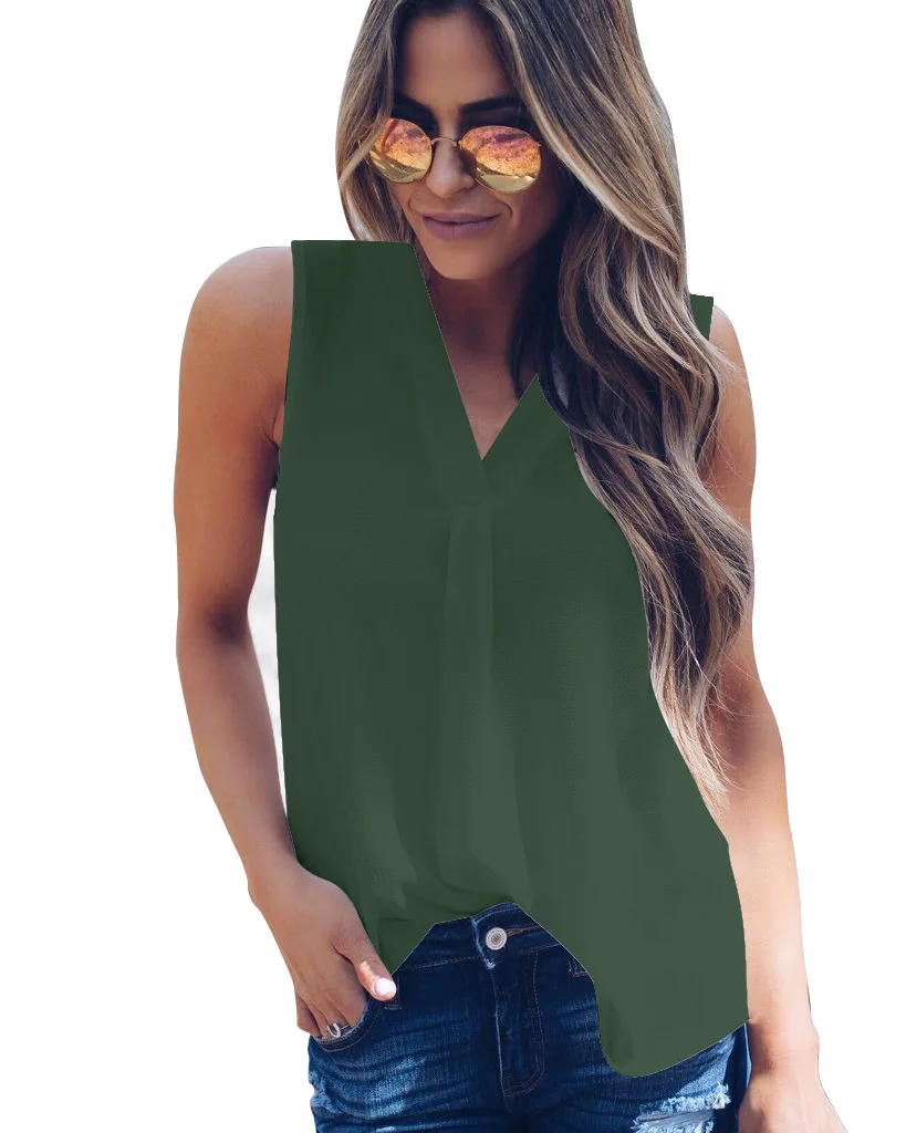 S-5XL Large Size Women White Shirts Fashion Casual Sleeveless V-Neck Black Loose Blouse Summer Sexy Tops Plus Size Blouses - Цвет: YFF6181 Armygreen