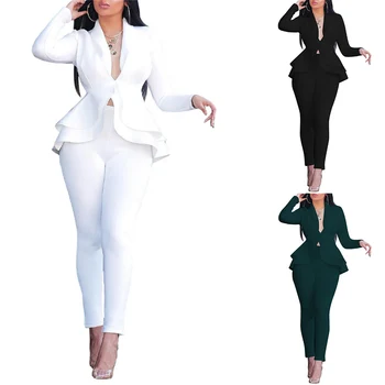 

2 Piece Ladies V Neck Ruffles Sexy Suit Clothes Women Set Long Sleeve Uniform and Bodycon Trousers Pants Work Elegant Office D30