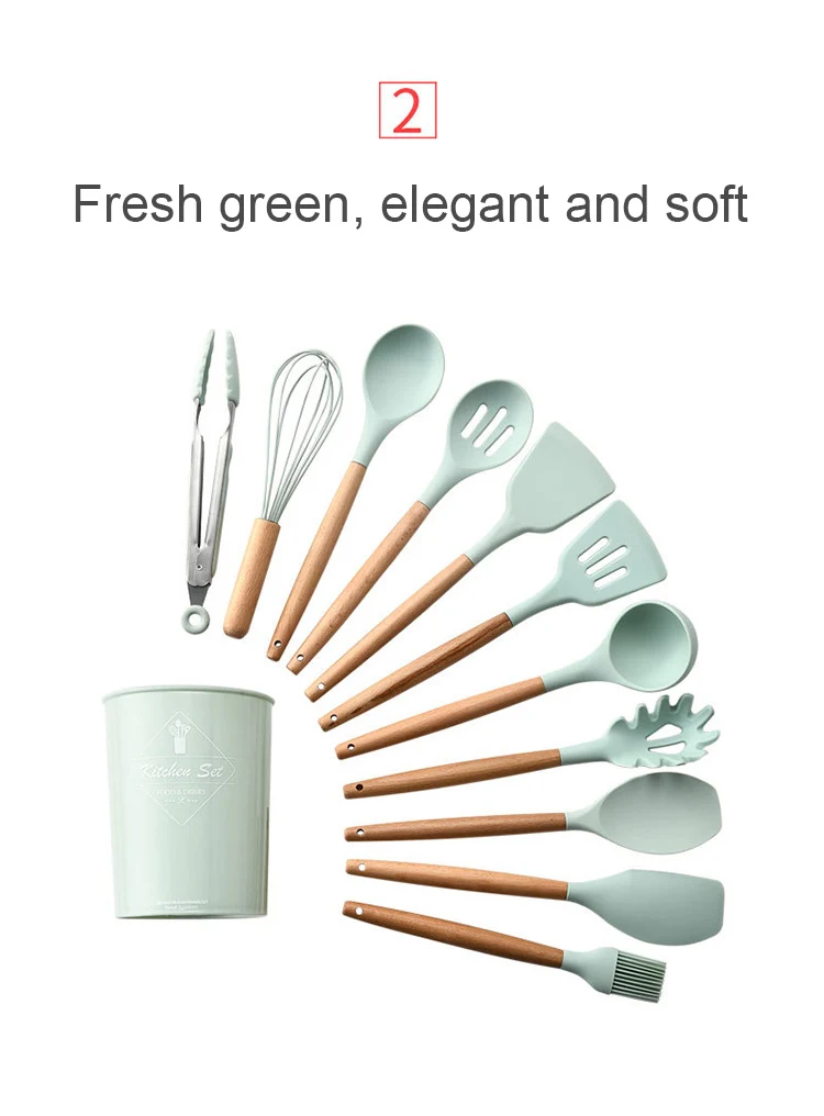 12 Pieces Natural Wooden Handles Cooking Tool BPA Free Non Toxic Silicone Turner Tongs Spatula Spoon Kitchen Gadgets Utensil Set