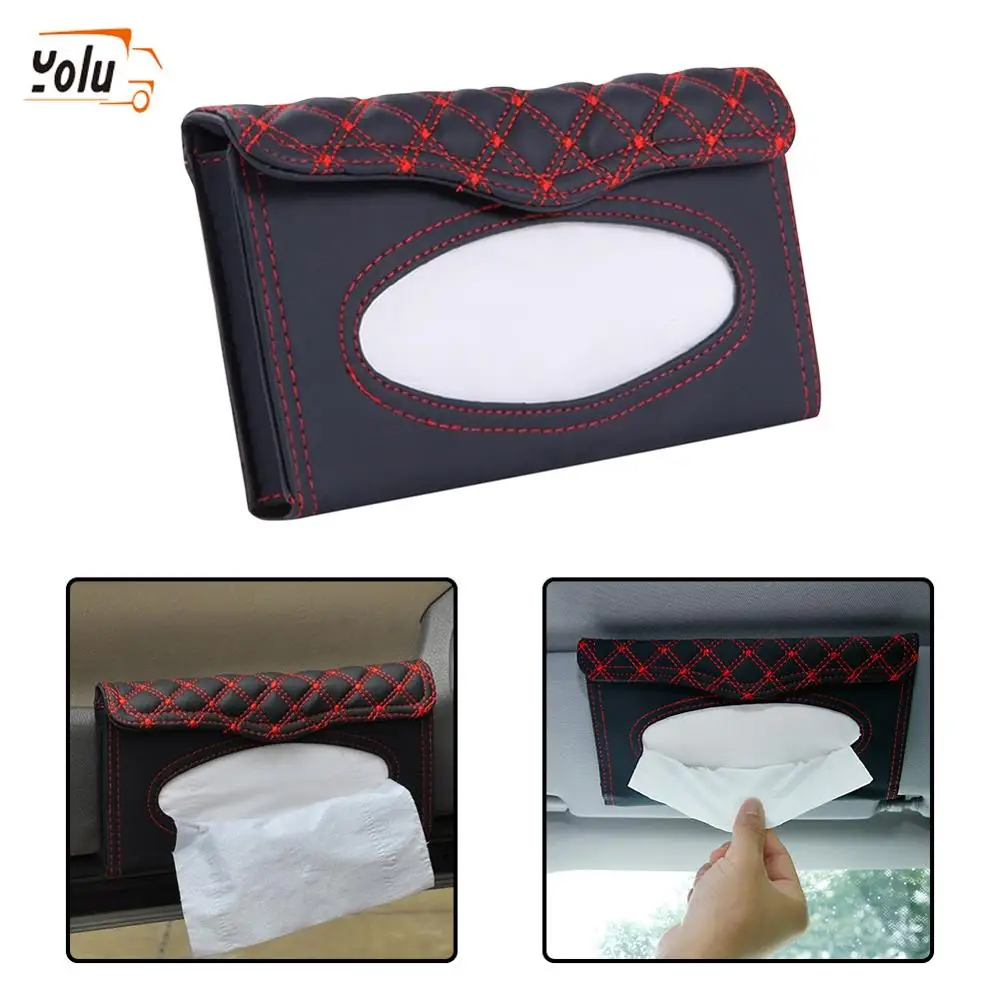 

YOLU Car Kit Tissue Box Universal PU Car Sun Visor Hanging Type Embroidery Pattern Tissue Cover In Car Styling