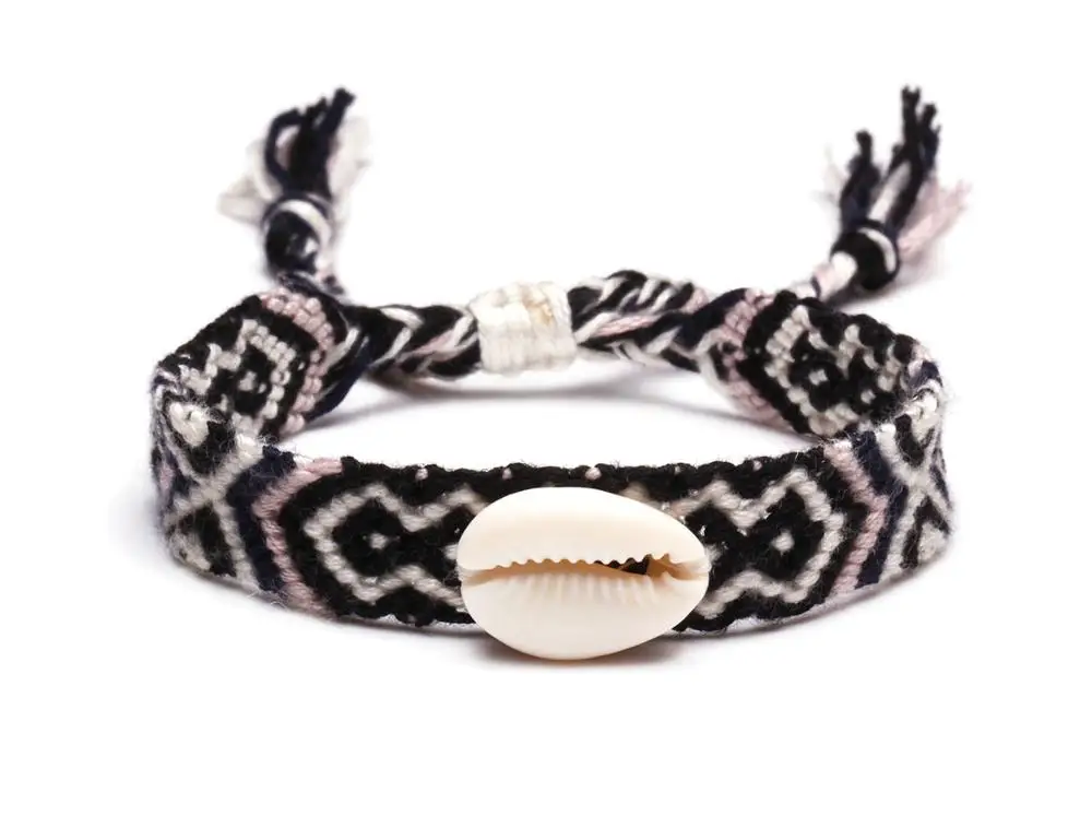 Boho Белый Натуральный Каури Seashell тканый браслет дружбы для женщин мужчин Разноцветные вышивка нить макраме пляж ювелирные изделия подарок - Окраска металла: Родиевое покрытие