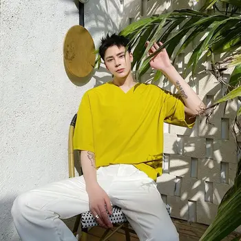 

IEFB / men's wear Simple V collar loose half sleeve t-shirt male solid color comfortable linen cotton casaul tee 2020 new 9Y2551