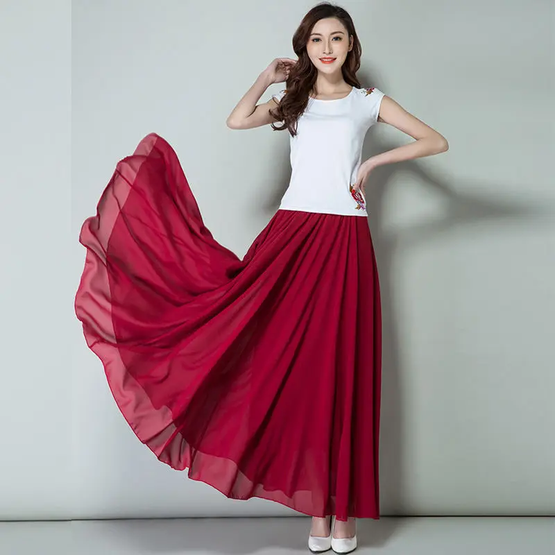 New Summer Chiffon Skirts Plus Size Full-Length Skirt High Waist Elegant Dance Skirt Pink Black Red Navy Blue White Long Skirts leather skirt