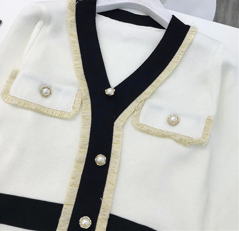 2019 осеннее Новое роскошное женское классическое черно белое вязаное платье с v