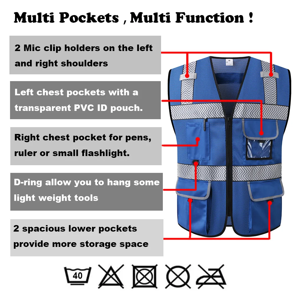 Blue Surveyor's Safety Vest for Men Women Protective Workwear Hi Vis Work Vest With Pockets and Zipper Security