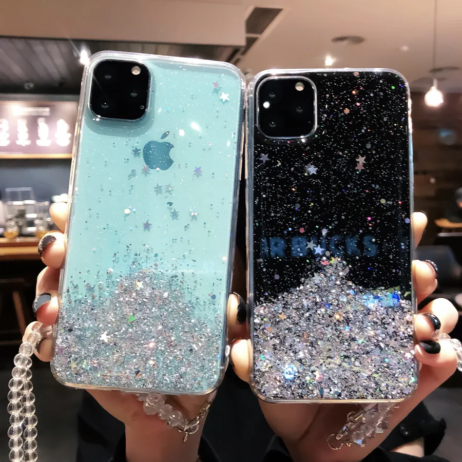 Мягкий чехол из ТПУ с блестящими звездами и блестками для iPhone 11 Por X Xr Xs Max 6 6s 7 8 Plus, чехол с ремешком на шею и цепочкой для переноски