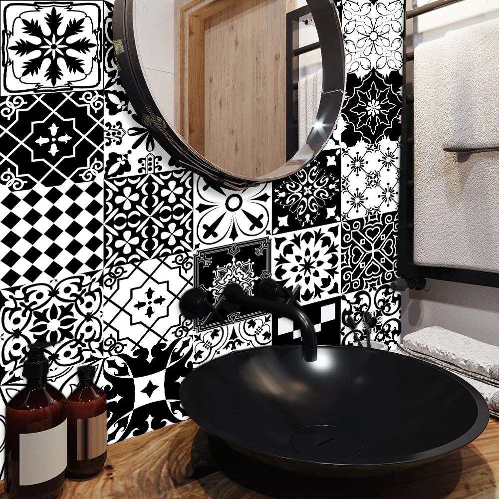 Черно-белая самоклеящаяся полосатая плитка из ПВХ настенная наклейка