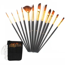 Кисти для красок, 12 шт., профессиональная нейлоновая кисть с круглым острым кончиком для рисования волос, акриловая кисть для акварели, масляная краска, чехол, палитра