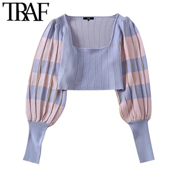 

TRAF Women Chic Fashion Patchwork Cropped Knitted Tops Pleated Elastic Waist Midi Skirts Female Sets Mujer