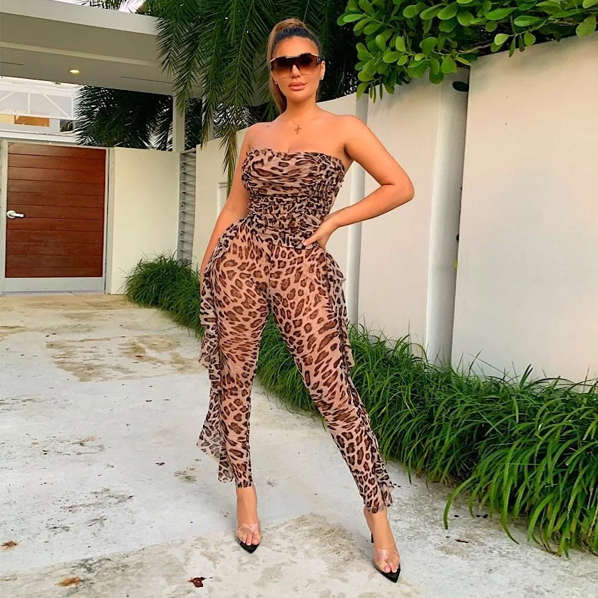 2021 Sleeveless Sexy Party Leopard See Through Tube Top Jumpsuit Women Outfit Backless Skinny Women Fashion Streetwear Romper