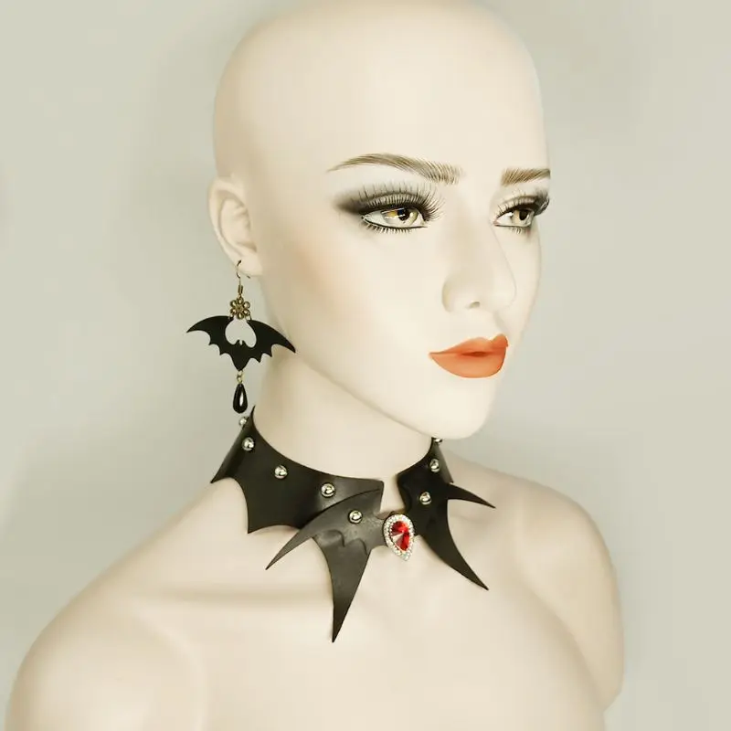

Punk Lolita Bat Necklace c Set Leather Black Gothic Choker Jewelry Set T4MD