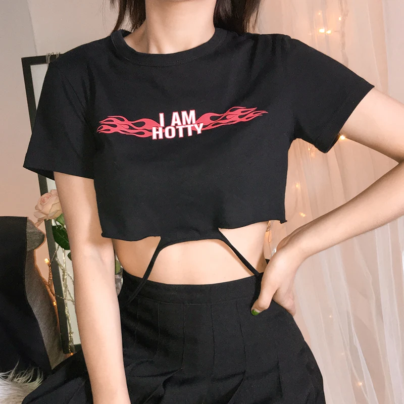 

Gothic Black Sexy Women O-Neck Short Sleeve Flame Letter Printing Hollow Out Crop Tops Goth Hip Hop Dark Skinny Short T-shirt