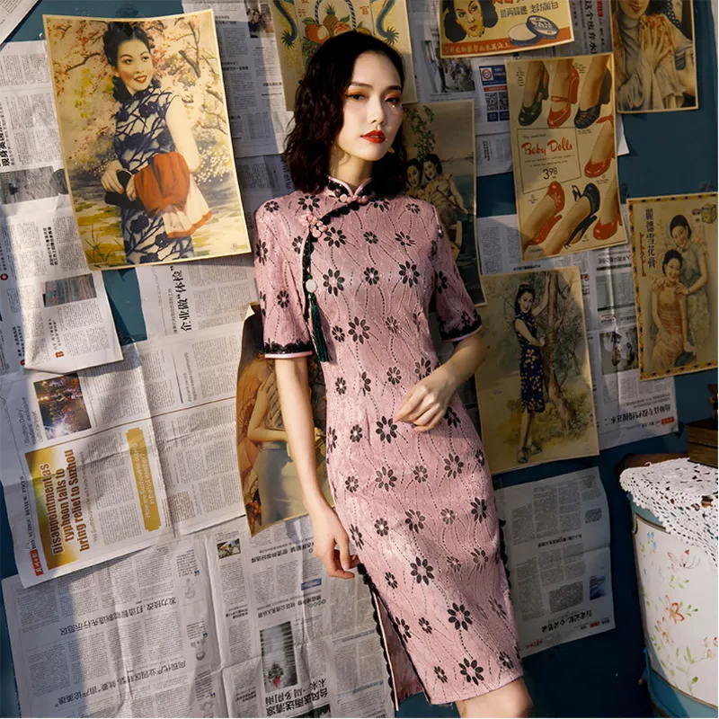 Женское розовое кружевное платье Qipao Cheongsam, короткое вечернее кружевное платье, элегантный традиционный китайский стиль, Chipao, Осень-зима