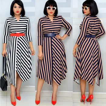 

2020 Winter Women Dresses Africa Clothing Office Lady Cotton Asymmetrical Dress Woman Party Sashes Full Striped V-Neck Dreesses