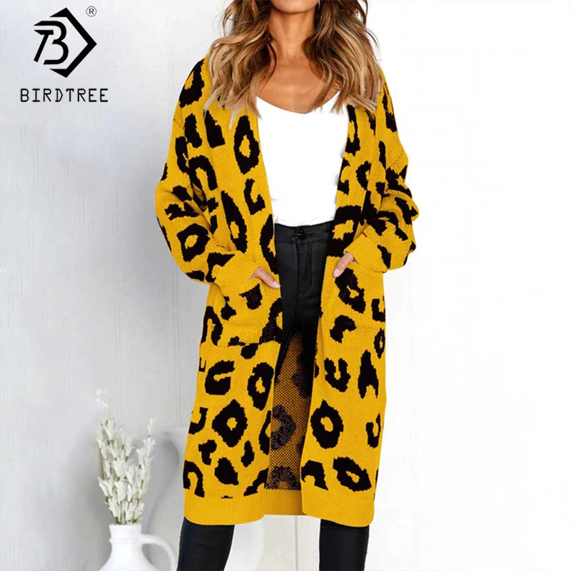 

In Stock 2020 Spring Oversize 4XL-6XL Leopard Print Long Cardigans Full Sleeve Pockets Casual Knitting Sweater Outerwear C02701K