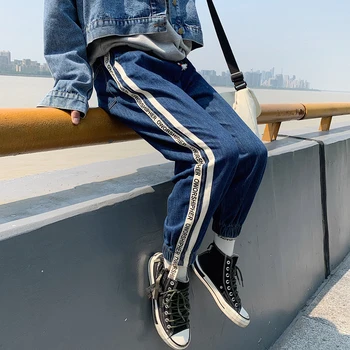 

2019 Autumn Men's Leisure Work Classic Stretch Slim Fit Jeans Mens Printing Trousers Straight Full Length Casual Pants S-XL