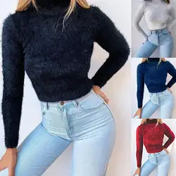 Camisola curta feminina manga longa gola alta, cor sólida, outono inverno