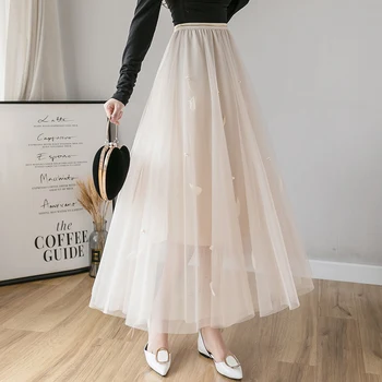 

High Waist Mesh Beading Long Skirts Womens Tutu Pleated Skirt 2020 Summer Loose Chic Femme Jupe Elastic Waist Tulle Skirts