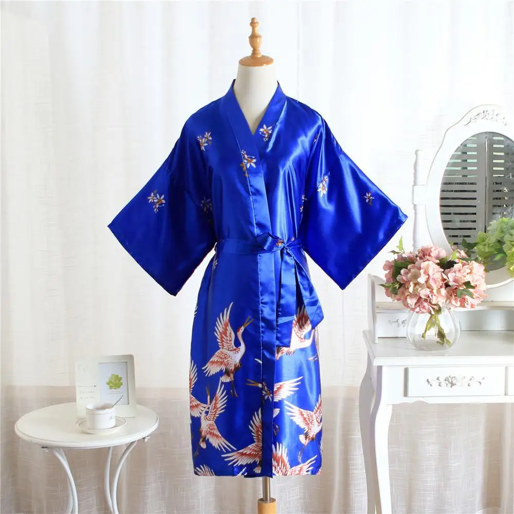 Черное женское кимоно, халат из сатина, мягкий халат, ночная рубашка, Летняя короткая повседневная одежда для сна, Высококачественный Свадебный Халат - Цвет: Royal Blue A