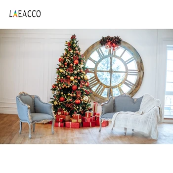 

Laeacco White Chic Wall Sofa Christmas Tree Clock Gifts Photography Backgrounds Christmas Backdrops Interior Portrait Photocall