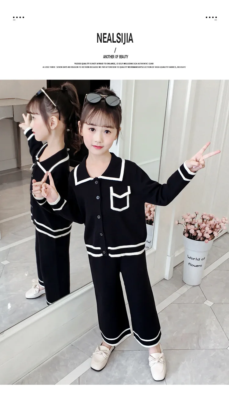 Осенний вязаный свитер в Корейском стиле с длинными рукавами и отложным воротником кардиган+ широкие брюки повседневный комплект, костюмы для девочек-подростков