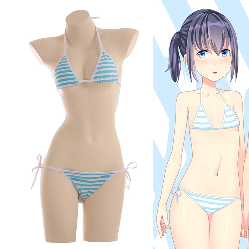 Kawaii модный Косплей Аниме Мику мини бикини сексуальные синие белые полосатые