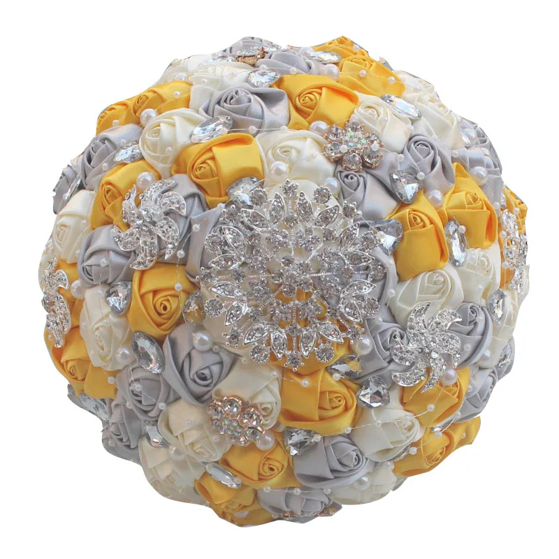 silver yellow ivory Высокое качество, искусственные цветы, свадебный букет, Шелковая Роза, цветы с кристаллами, букеты невесты Buque Noiva PL001-D - Цвет: silver yellow ivory