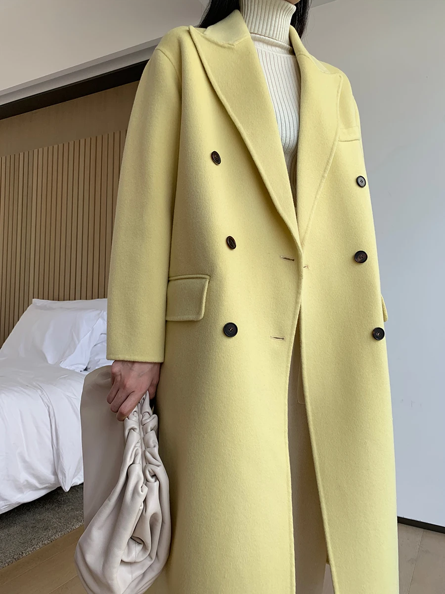 Австралийское шерстяное пальто женское желтое двубортное шерстяное пальто средней длины ручной работы двухстороннее кашемировое пальто