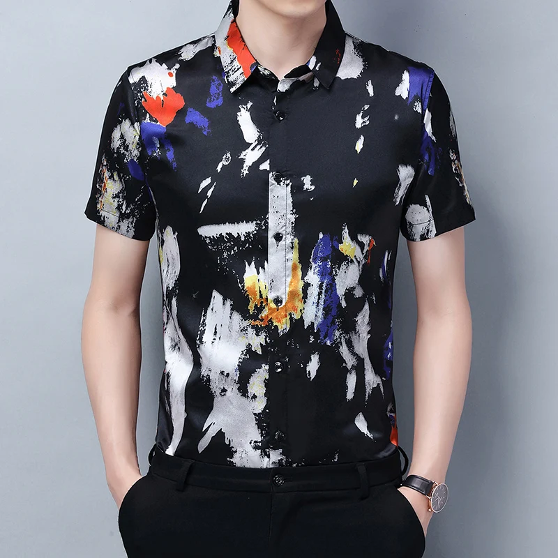 Men's Silk Streetwear Summer Patchwork Colors Shirt Short Sleeve Silk Clothes Fashion Printing Smooth Soft Dress Shirt