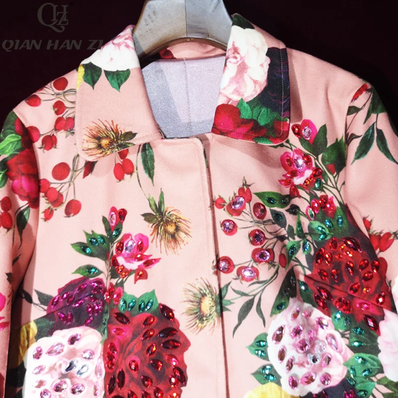Qian Han Zi Designer fashion coat two piece set Women's Long Sleeve Crystal Elegant coat+flower print dress winter Suit set