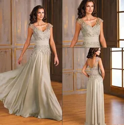 Vintage Chiffon A-Line Mother Of the Bride Dresses Sexy V-neck Applique Lace Mother Party Gowns Custom Made robe de soirée de ma