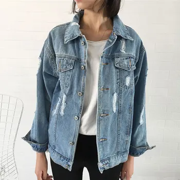 

Solid Turn-down Collar Jean Jacket for Women Loose Casual Blue Fashionable Women Coats Female outwear Denim Feminine