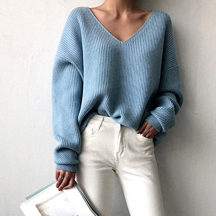 

2019 autumn new Korean version of the simple V-neck loose wild lazy wind under the irregular solid color base sweater